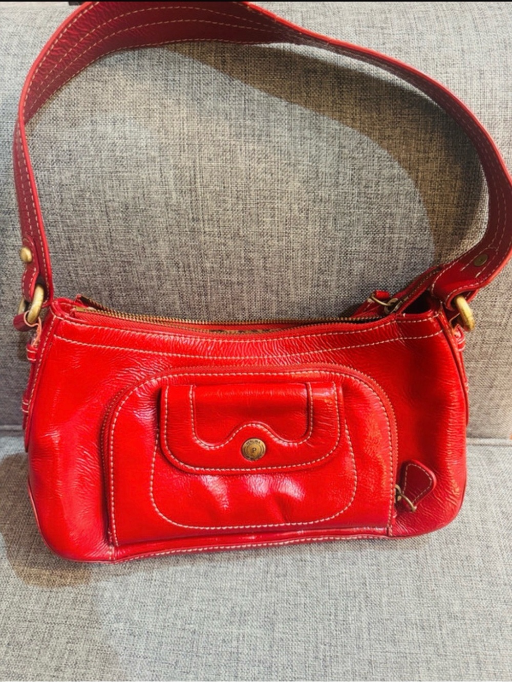 Perlina Red Leather Shoulder Bag with Front Pocket